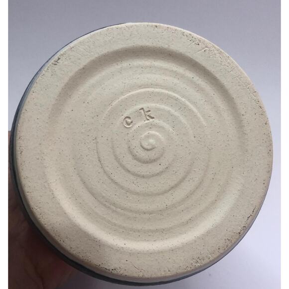 Hand Thrown 7" Blue & White Stripe Pottery Canister Container Signed ck Studio - Picture 3 of 4